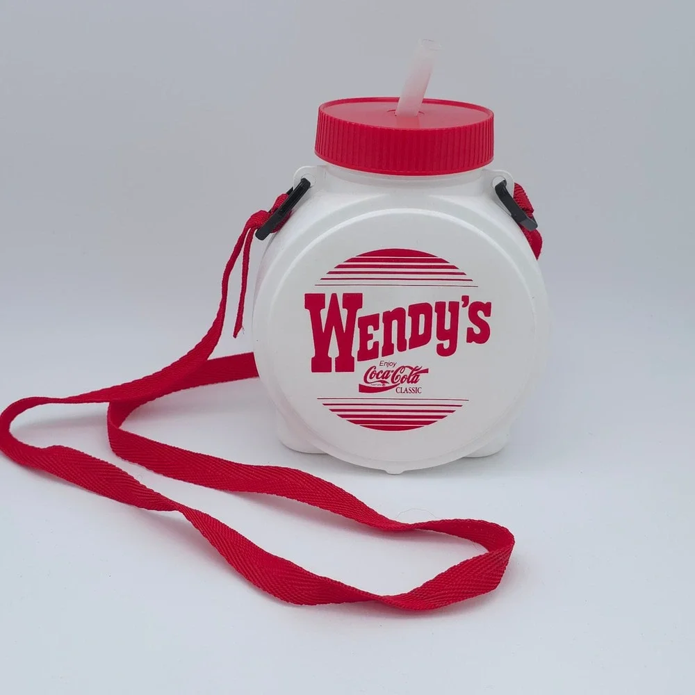 Wendy's Coca-Cola Vintage Canteen Plastic White Red Strap Retro Water Bottle 90s